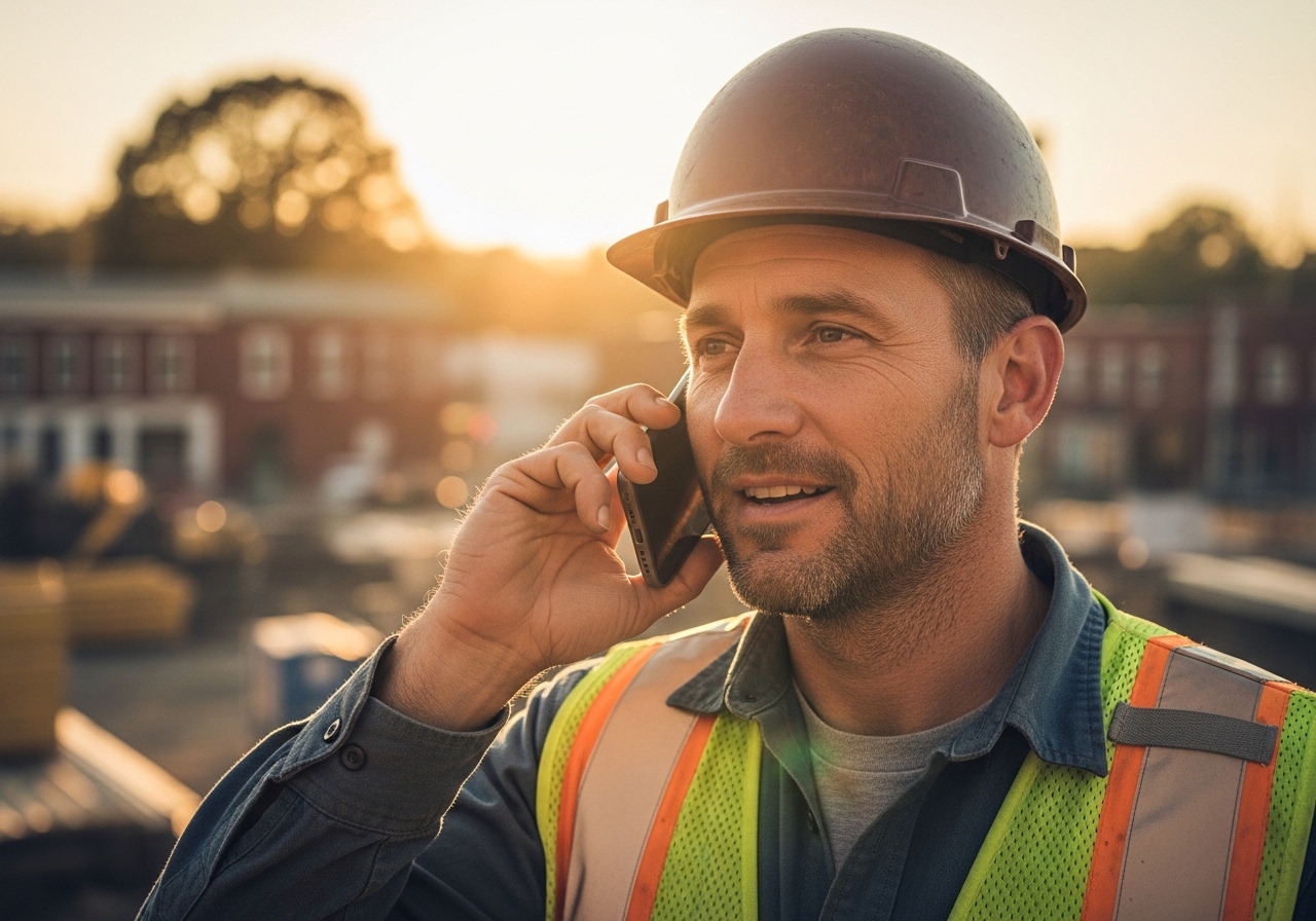 Contractor on a phone call at a job site, golden afternoon light